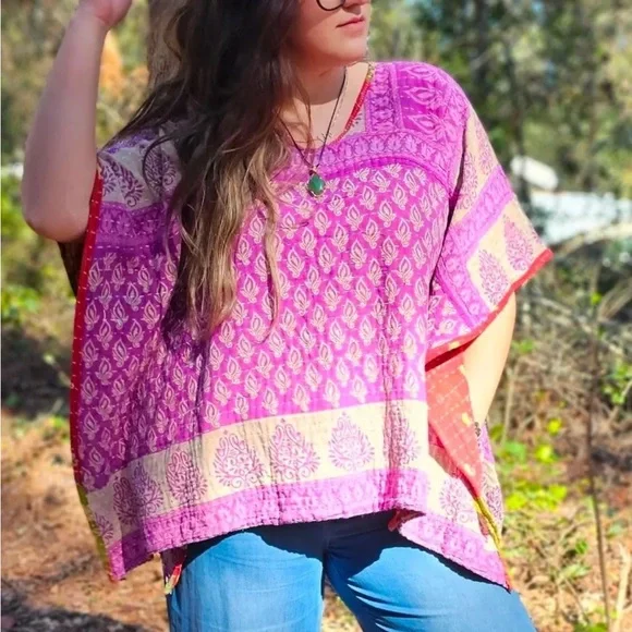 Little Hippie Chick Kantha Pink and Purple Top Poncho S/M - Picture 2 of 8